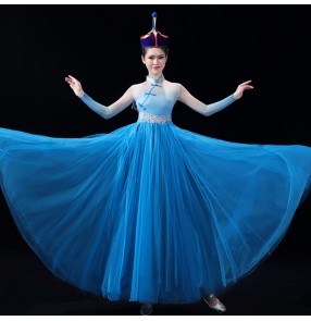 Blue Gradient Modern Mongolian dance dresses Chinese folk classical mongolia dance long skirt opening dance swing skirt performance clothes